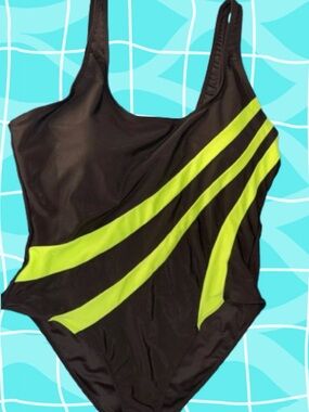 SHEIN Black One-Piece Swimsuit with Neon Green Stripes